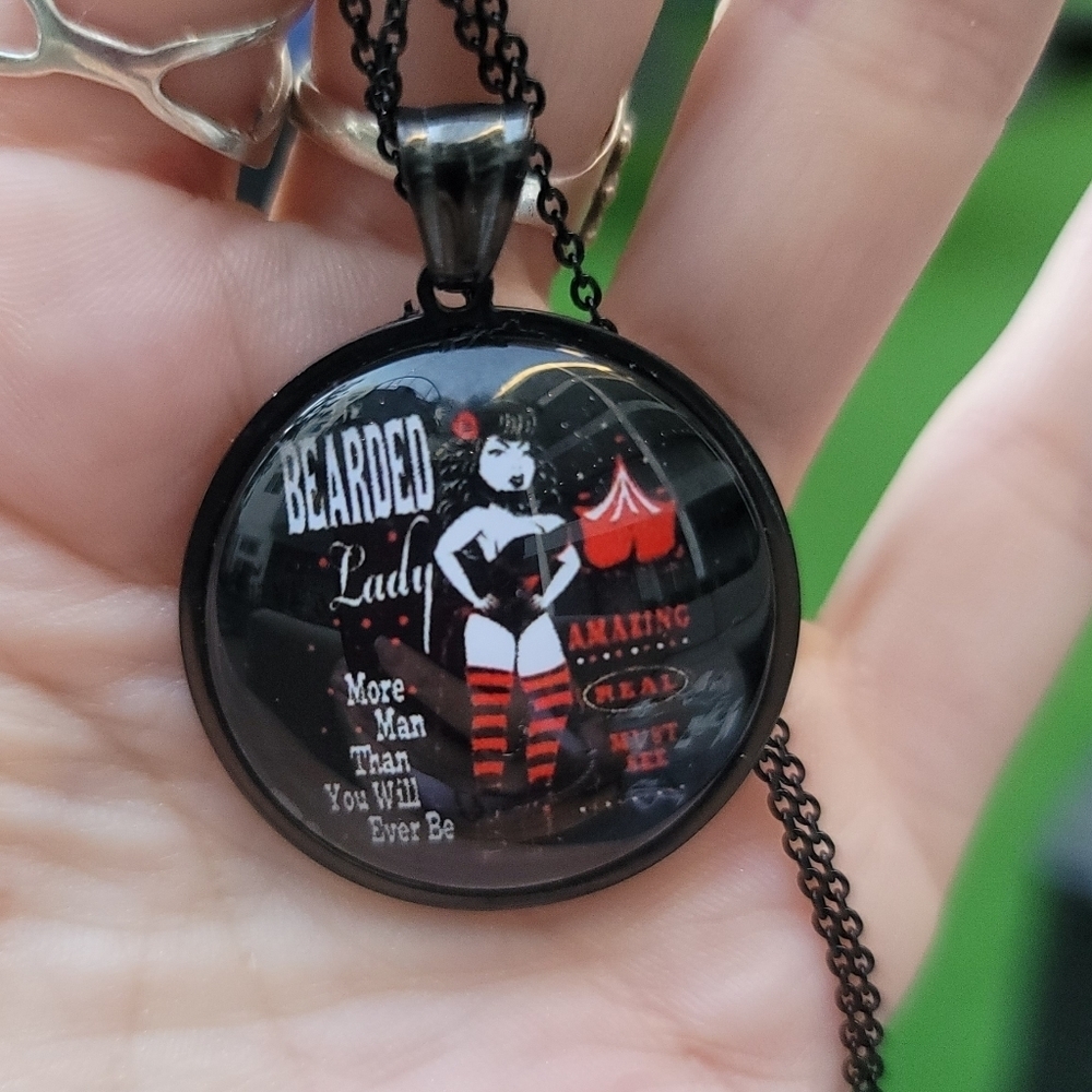 Hand Crafted ✦ Bearded Lady Pendant Necklace ✦ Stainless Steel Vintage Art NWT - Picture 2 of 5